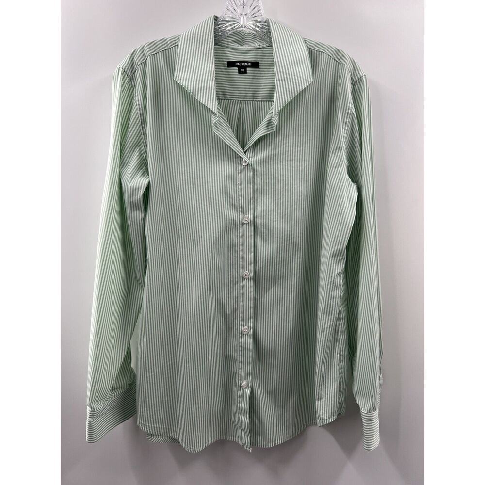 Kal Rieman Women’s Long Sleeve Cotton Blend Striped Shirt Green White Size 10